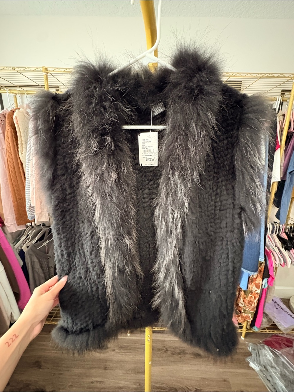 Black REAL Fur-Trim Knit Vest - Women's Jacket & Coat